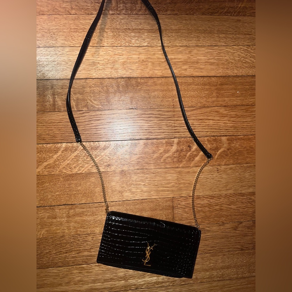 Yves Saint Laurent YSL Black Croc-Embossed Crossbody Bag